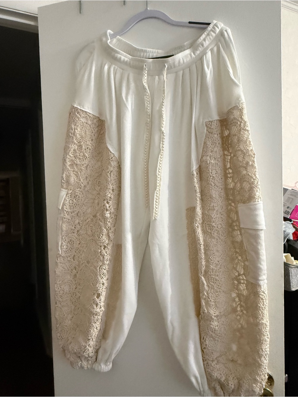POL Cream & White Lace Panel Jogger Track Pants